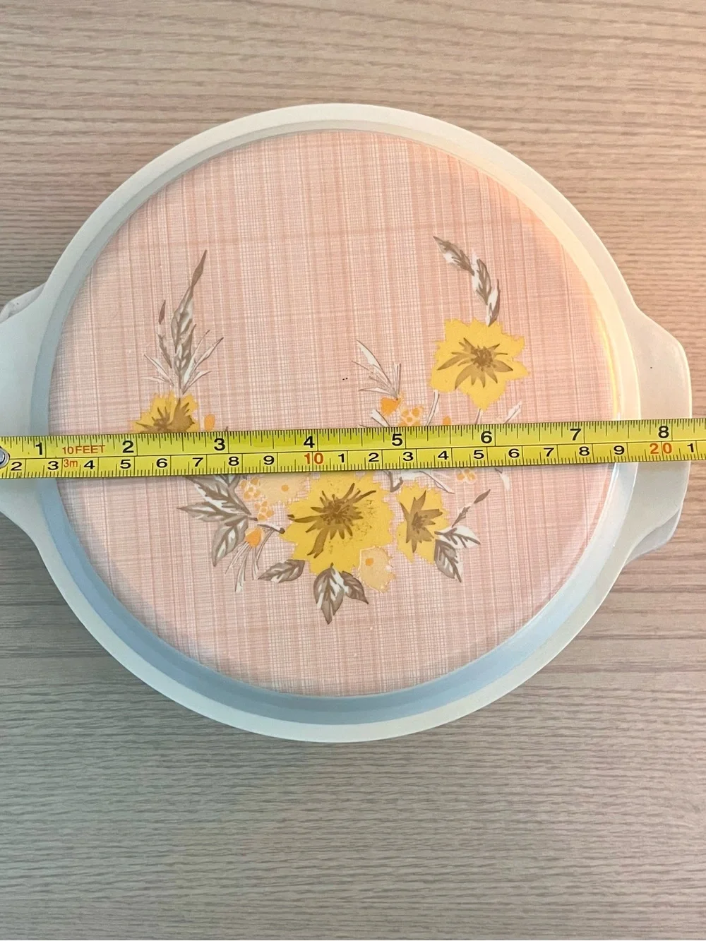 Vintage Bimbo Melamine Covered Casserole Dish Yellow Floral Plaid Lid ~8.5in